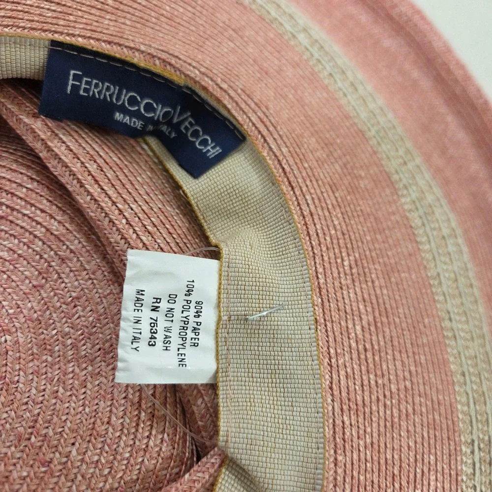 Ferruccio Vecchi Italy Pink Paper Straw Wide Brim Sun Hat Feather Accent Striped